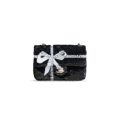 CHANEL 24B WHITE & BLACK SEQUIN BOW MINI FLAP SILVER HARDWARE BAG AS2090 (20*13*6cm)
